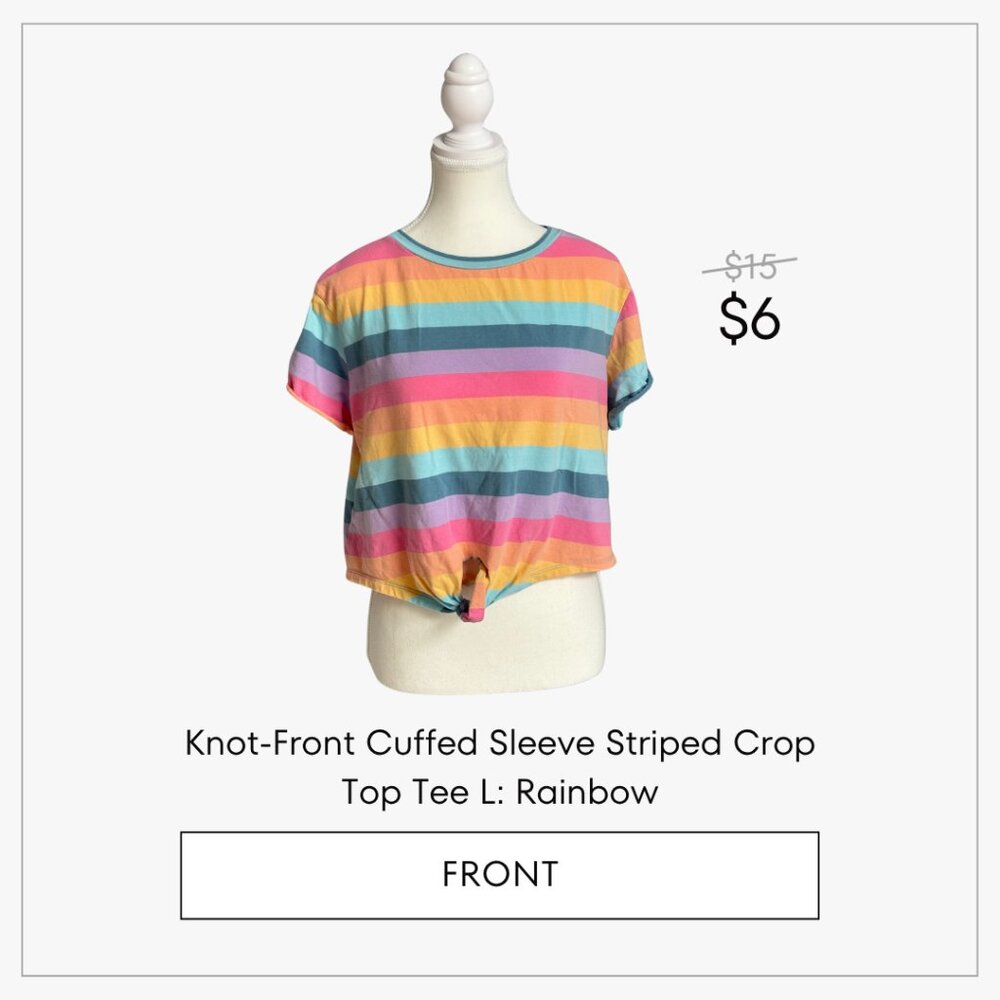 Knot-Front Cuffed Sleeve Striped Crop Top Tee L: Rainbow